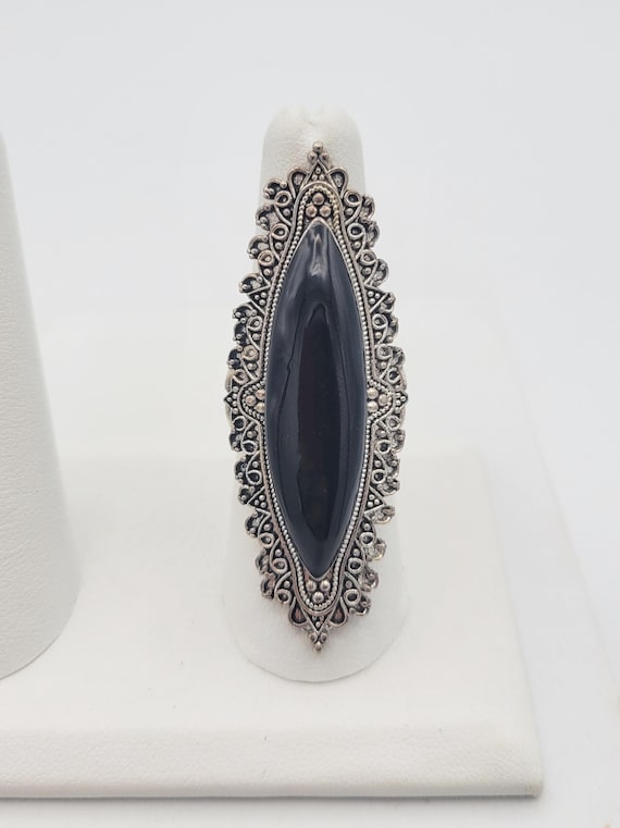 Vintage Oversize Silver Tone & Faux Black Onyx Marquise Cabochon Cocktail Statement Ring Right Hand Costume Jewelry US Size 8 1/4 Filigree