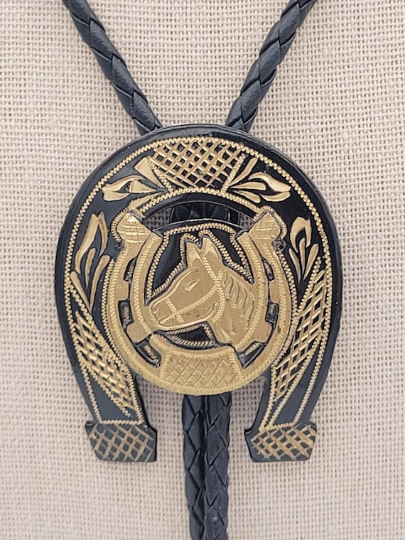 Vintage Gold Tone & Black Enamel Horseshoe Bolo Tie with Leather Braided Cord Costume Jewelry Retro Men Women Accessories Statement Unisex