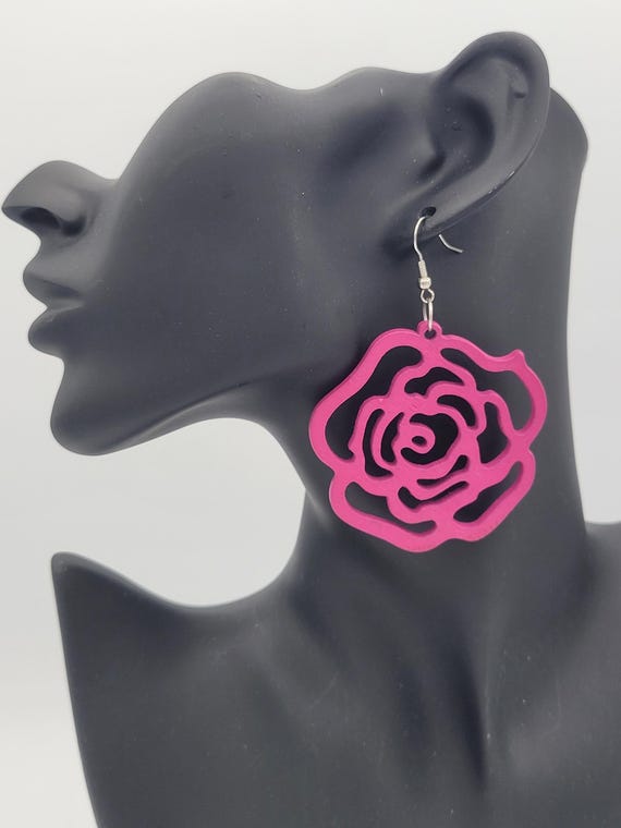 Vintage New Oversize Lightweight Laser Cut Painted Wood Floral Dangle Earrings Costume Jewelry Retro Women Statement Bohemian Chunky Vibrant