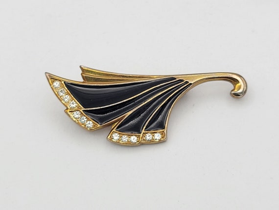 Vintage Gold Tone Art Deco Floral Fan Brooch with Black Enamel & Rhinestones Costume Jewelry Retro Statement Women Pin Bar Flourish Feather
