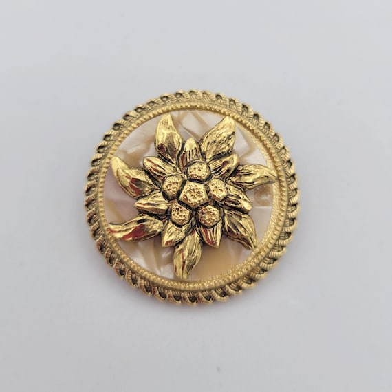 Vintage 1960s Western Germany Gold Tone Circular Floral Scarf Clip with Mother of Pearl Costume Jewelry Statement Retro Accessories 1 3/8"