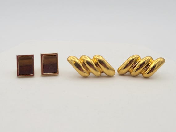 Two Pairs of Vintage Gold Tone Stud Earrings 1 with Faux Tigers Eye Stones Costume Jewelry Statement Accessories Women Rectangle Textured