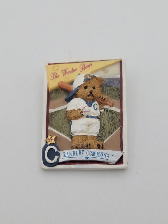 Vintage 1990s The Windsor Bears of Cranbury Commons Baseball Teddy Bear Brooch Costume Jewelry Women Statement Retro Character Pin Rectangle