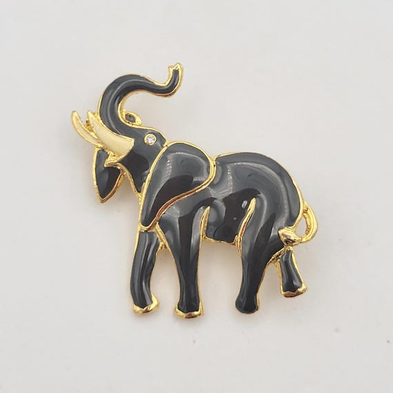 Vintage Gold Tone Elephant Brooch with Gray & White Enamel and Rhinestone Eye Costume Jewelry Retro Statement Women Upturned Trunk Good Luck