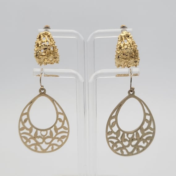 Two Pairs of Vintage Gold Tone Earrings Teardrop Openwork Dangles & Nugget Style Half Hoops Costume Jewelry Retro Women Statement