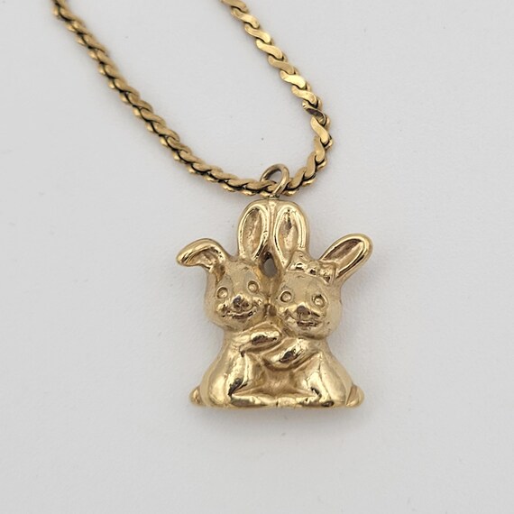 Vintage Accents by Hallmark Cards Hugging Bunnies Pendant & Chain Necklace Costume Jewelry Retro Statement Women Accent 15" Easter