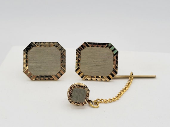 Vintage 1960s Swank Two Tone Diamond Cut Octagonal Cuff Links & Tie Tack Costume Jewelry Suit Men's Accessories Gold and Silver Brushed Set