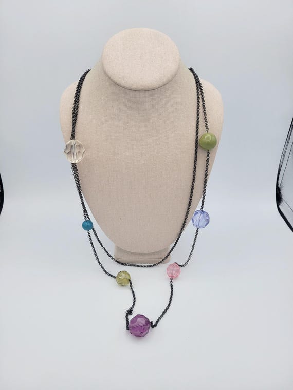 Vintage 45" LongDouble Strand Black Gunmetal Cable Chain Necklace with Large Faceted Beads in Rainbow Colors Costume Jewelry Statement