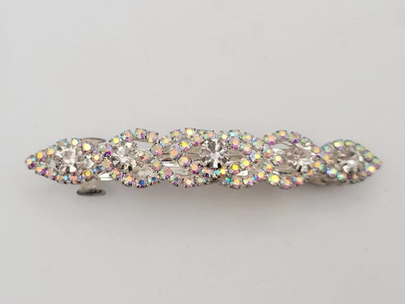 Vintage Silver Tone Openwork Iridescent Rhinestone Encrusted Barrette with Double Push Button Clasp Costume Jewelry Statement Women