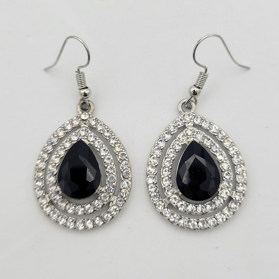 Vintage Silver Tone Openwork Teardrop Dangle Earrings with Clear & Black Rhinestones Costume Jewelry Women Statement Retro 2" Pear Drop