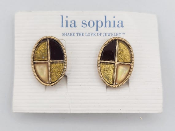 Vintage NEW Lia Sophia Meadow Oval Gold Tone, Brown & Yellow Clip On Earrings on Card Costume Jewelry Retro Women Statement Retired Sections