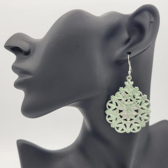 Vintage Silver Tone Ornate Openwork Filigree Teardrop Dangle Earrings with Mint Green Enamel Wash Costume Jewelry Retro Women Statement
