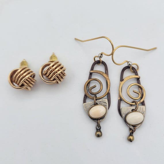 2 Pair of Vintage Gold Tone Earrings Dangles Studs Costume Jewelry Retro Women Statement Pierced Bohemian Knot Swirl White Cabochon Openwork