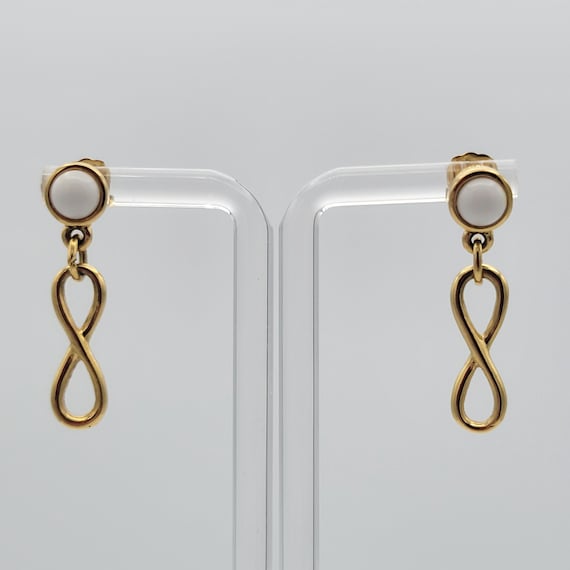 Vintage Trifari Gold Tone Infinity Dangle Earrings with White Cabochons Costume Jewelry Retro Statement Women Loop Figure 8 Shiny