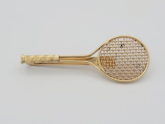 Vintage Krementz Gold Overlay Tennis Racket Tie Clip Costume Suit Men's Accessories Retro 2 1/4" Signed Textured Handle Weaved Wire Tone
