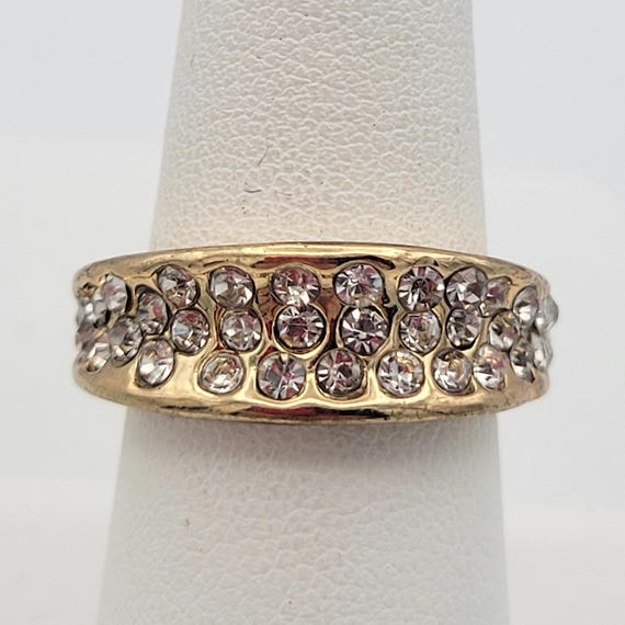 Vintage Gold Tone Wide Convex Band with Rhinestones Women's Statement Right Hand Ring Costume Jewelry Thick Thumb Stackable Chunky Cocktail