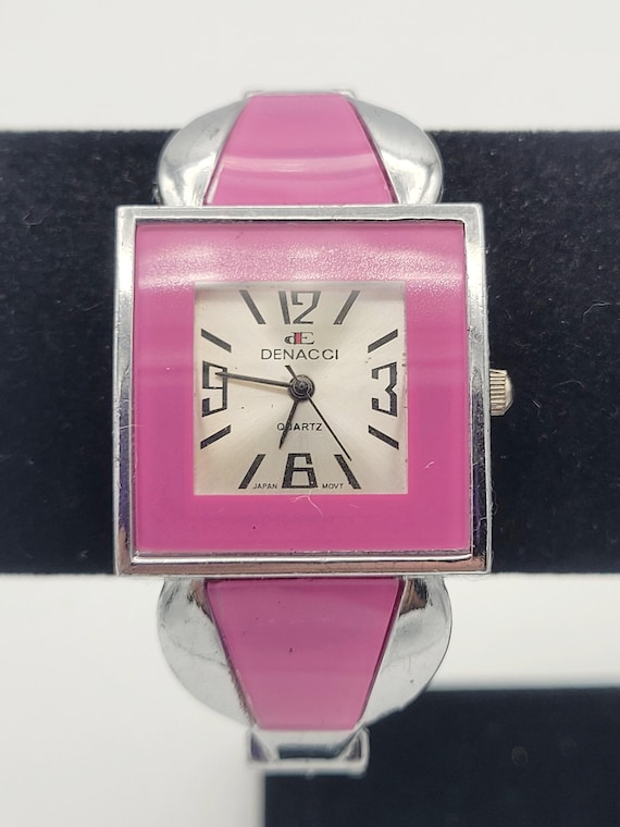 Vintage Denacci Silver Tone Pink Enamel Square Ladies Cuff Watch
