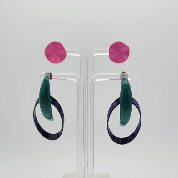 Two Pairs of Vintage 1980s Metal & Enamel Earrings Costume Jewelry Statement Accessories Women Pink Studs Teal Purple Openwork Drop Oval
