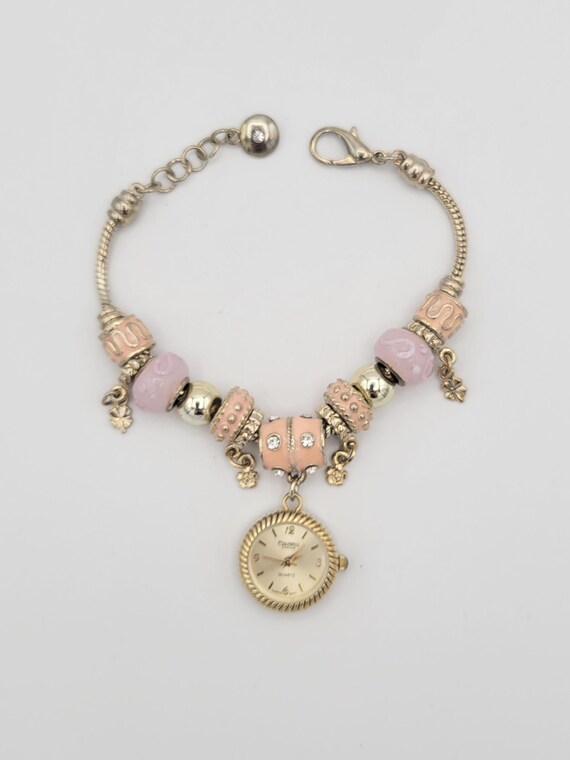 Vintage Figaro Couture Gold Tone Bracelet Watch with Pink Enamel & Glass Beads Ladies Costume Jewelry Retro Statement Slider Adjustable