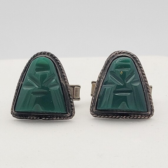 Vintage Mexico Alpaca Sterling Silver Green Onyx Carved Aztec Faces Men's Cuff Links Costume Jewelry Suit  Men's Accessories Accent