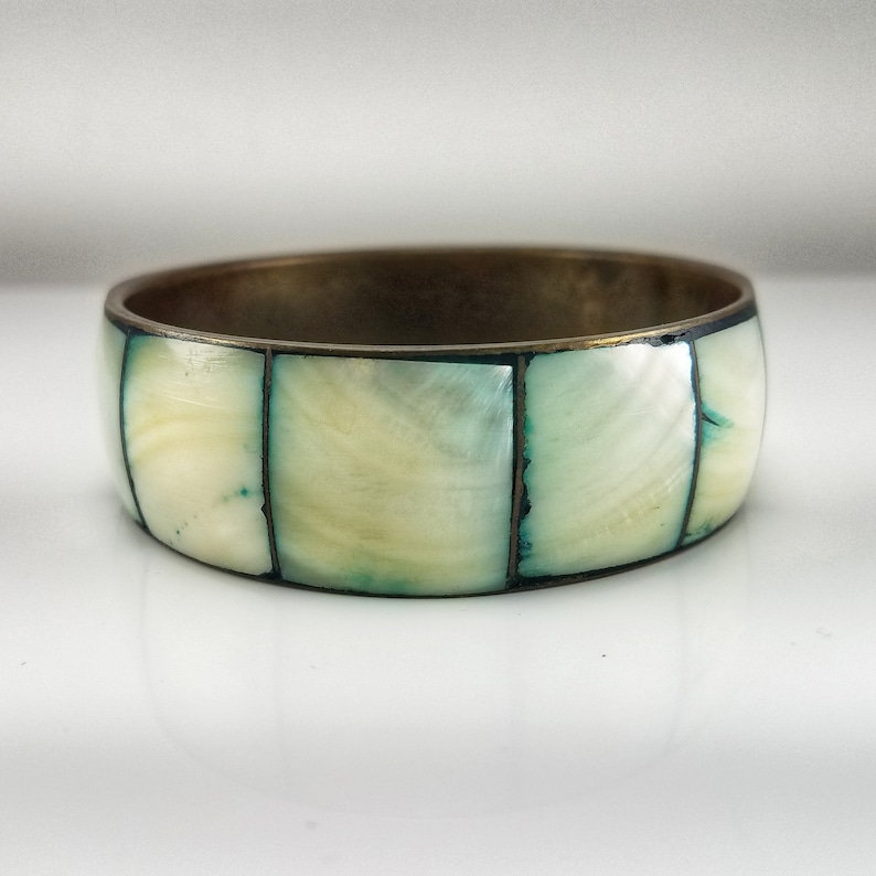 Vintage Brass /& Abalone Shell Bangle Bracelet Costume Jewelry Retro Statement Women Unsigned Thick Chunky Wide Square Blue White
