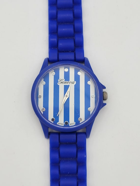 Vintage Geneva Cobalt Blue & White Striped Ladies Watch with Silicone Band Costume Jewelry Retro Statement Timepiece Quartz WR #2015 Stripes