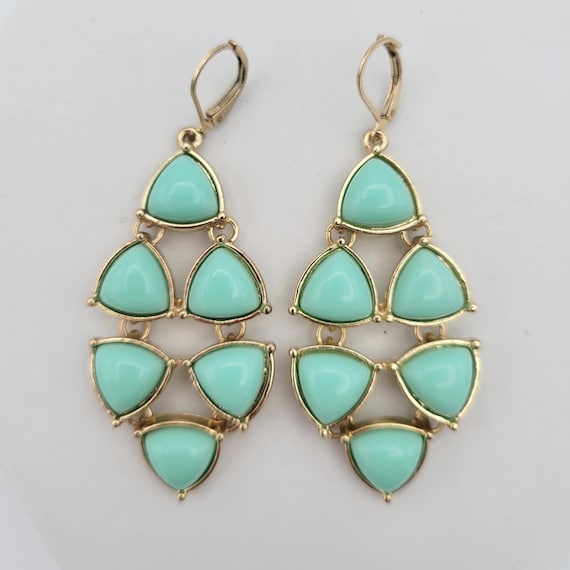 Vintage NEW Gold Tone & Mint Green Triangular Cabochon Articulated Chandelier Dangle Earrings Costume Jewelry Retro Women Statement Lever