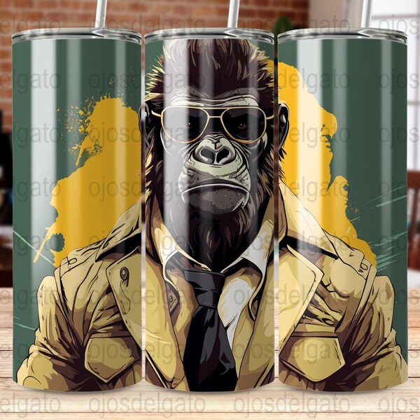 Police Detective Gorilla 20oz Sublimation Tumbler Designs Tapered and Straight Tumbler Wrap PNG, Instant Download for Commercial Use