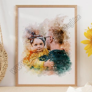 Watercolor Family Portrait, Custom Father&#39;s Day Gift, Painting Portrait from Photo, Custom Family Print, Personalised Dad Portrait Print