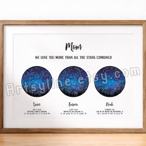 May include: Framed print with a wooden frame. The print features three blue and black celestial sphere designs. Text at the top reads "Mom, We love you more than all the stars combined." Below the spheres are names and dates.