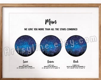 Family Star Map Gift for Mom, Multiple Night Sky Prints, Personalized Children Birth Dates