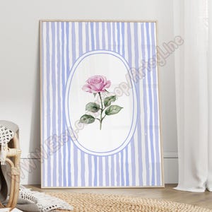 Vintage Striped Floral Pink Rose Wall Art, Floral Print with Blue Stripes, Spring Wall Art Decor, Cute Trendy Wall Art, Botanical Art Print