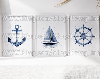 Navy Blue Coastal Wall Art Set: Nautical Rustic Maritime Sailing Printable Digital Artwork