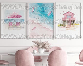 Pink Beach Wall Art Set of 3: Printable Boho Coastal Ocean Summer Digital Prints