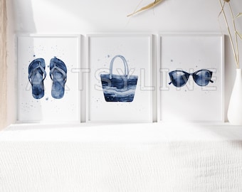 Printable Navy Blue Beach Wall Art Set of 3: Coastal Summer House Decor Prints