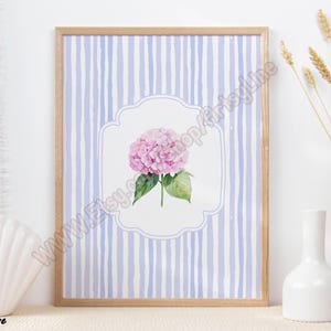 Pink Hydrangea Wall Art, Floral Print with Blue Stripes, Botanical Wall Art, Trendy Wall Art, Pink Floral Decor, Spring Wall Art Decor