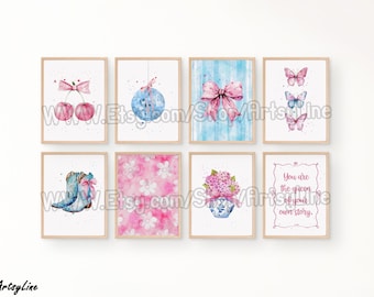 Pink Blue Bow Printable Wall Art Set of 8: Preppy Coquette Dorm Room Decor