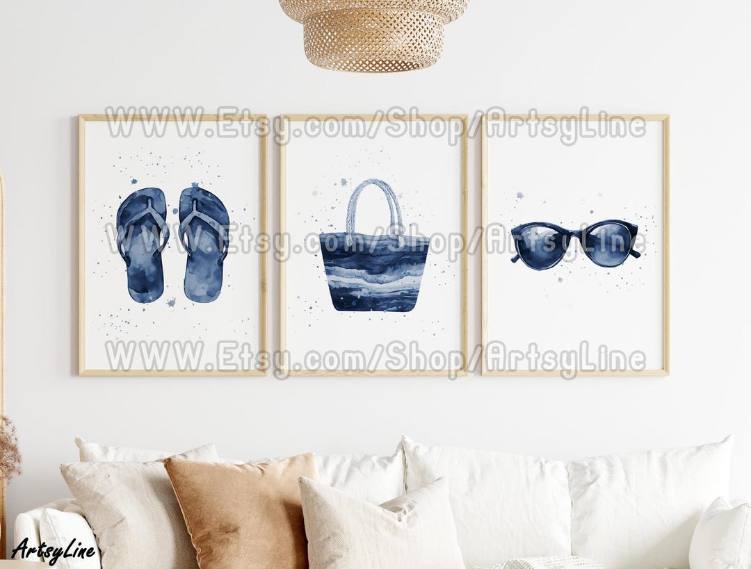 Printable Navy Blue Beach Wall Art Set of 3: Coastal Summer House Decor ...