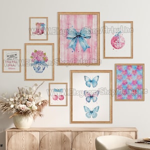 Pink and Blue Bow Wall Art Set of 8, Preppy Coquette Teen Girl Room Decor, Trendy Girly Dorm Prints, Aesthetic College Apartment Wall Art