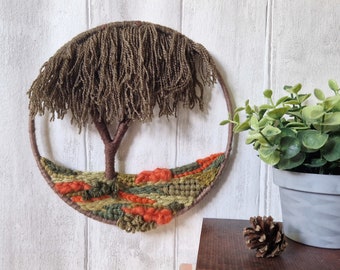 Handwoven Weeping Willow Tree Fiber Art in 20cm Hoop, Circular Loom Weaving, Country House Decor for Fall