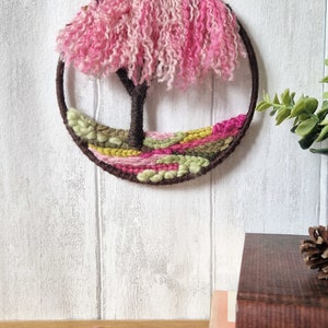 Mini Weeping Cherry Blossom Woven Tree Hoop, Circular Tapestry Wall Hanging, Small Gift Idea for Nature Lover image 6