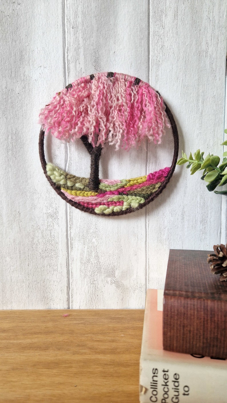 Mini Weeping Cherry Blossom Woven Tree Hoop, Circular Tapestry Wall Hanging, Small Gift Idea for Nature Lover image 6