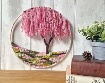 25cm Japanese Cherry Blossom Weaving Wall Art, Weeping Sakura Wall Art Room Decor, Pink Cottagecore Home Decoration