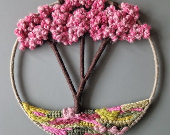 25cm Handwoven Spring Blossom Treescape with Fence, Garden Themed Wall Art, Nature Inspired Circular Wall Hanging, Weaving Gift, Yarn Art