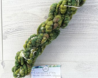 Khaki Green Bubble  Spun Yarn, Handspun on Drop Spindle, Green Merino Yarn, Corriedale, English