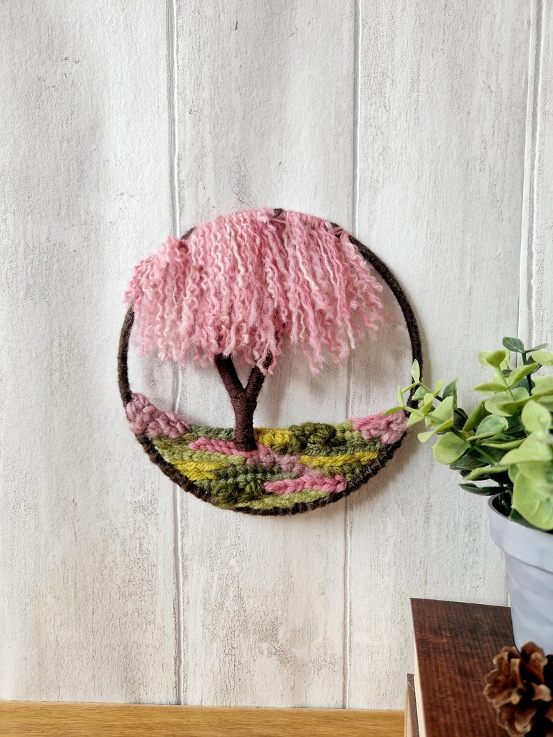 Mini Weeping Cherry Blossom Woven Tree Hoop, Circular Tapestry Wall Hanging, Small Gift Idea for Nature Lover image 5