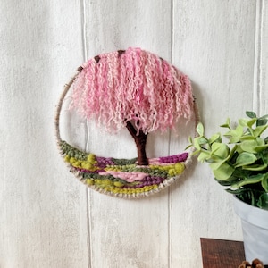 Mini Weeping Cherry Blossom Woven Tree Hoop, Circular Tapestry Wall Hanging, Small Gift Idea for Nature Lover image 3