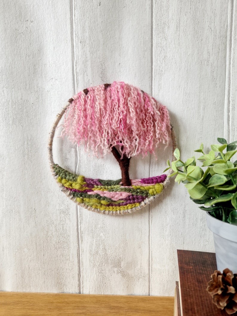 Mini Weeping Cherry Blossom Woven Tree Hoop, Circular Tapestry Wall Hanging, Small Gift Idea for Nature Lover image 3