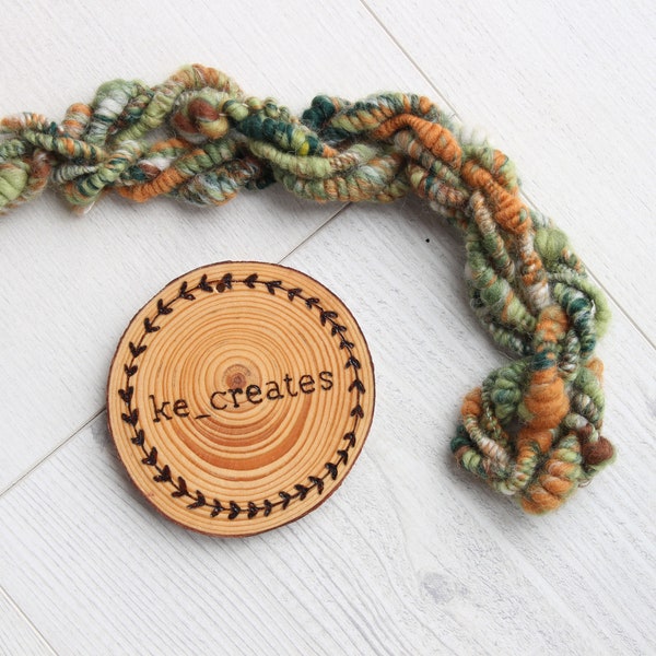 Green and Orange Handspun Art Yarn, Coiled Beehive Yarn, Chunky Spindle Spun Yarn