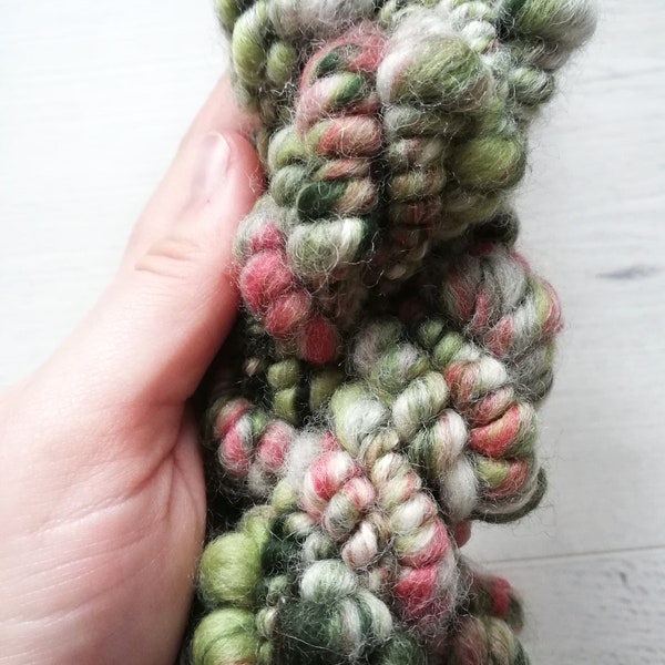 Green, Coral and White Handspun Art Yarn, Coiled Beehive Yarn, Chunky Spindle Spun Yarn